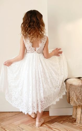 Boho Lace Flower Girls Dress Fancy Tea-Length V-Back Girls Birthday Party Dresses Sleeveless Kid's Formal Wedding Party Dress3