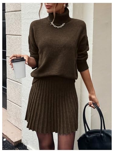 MakeMeChic Women's Sweater Skirt Sets 2 Piece Outfits Ribbed Knit Mock Neck Sweater Pullovers A Line Mini Skirt Set3