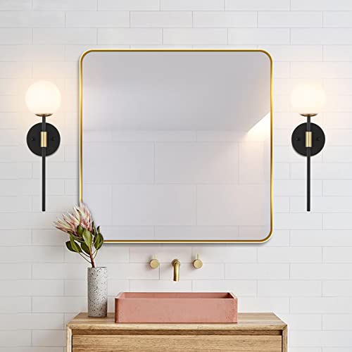 Byoliima Industrial Mid Century Wall Sconce Set Of 2 With White Globe Glass Shades Modern Bathroom Vanity Wall Lamp Black And Gold Finished Wall Light Fixture thumb #2