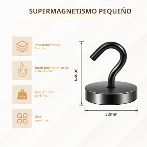 Miniatura 4 de Neosmuk Gancho Y Magnético Negro, 47 Kg, Imán Neodimio Extra Fuerte Para Organizador De Taquillas, Tienda De Campaña