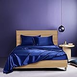  Spannbettlaken Satin 180x200cm Boxspringbett Blau Seide Glänzend Muster Glatt Bettlaken Seiden Spannbetttuch 180 x 200cm Uni Blaue Spannbetttücher für Topper Matratze bis 25 cm