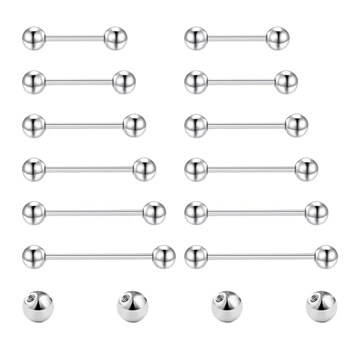 Gojewen 12er Zungenpiercing Brustwarzenpiercing und 4er Ersatzkugel Chirurgenstahl Silber Piercing Zunge Brustwarze Barbell 10/12/14/16/18/20mm
