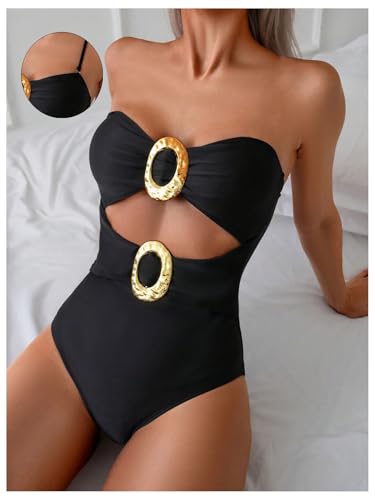 GORGLITTER Women's Strapless Metal One Pieces Swimsuits Modest Tummy Control Bathing Suit Cut Out Bandeau Monokini3