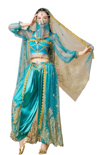 ORIDOOR Women's New Aladdin Jasmine Princess Belly dance Halloween Costume Set Belly Dance for Dress Up Party Medium Malachite Blue