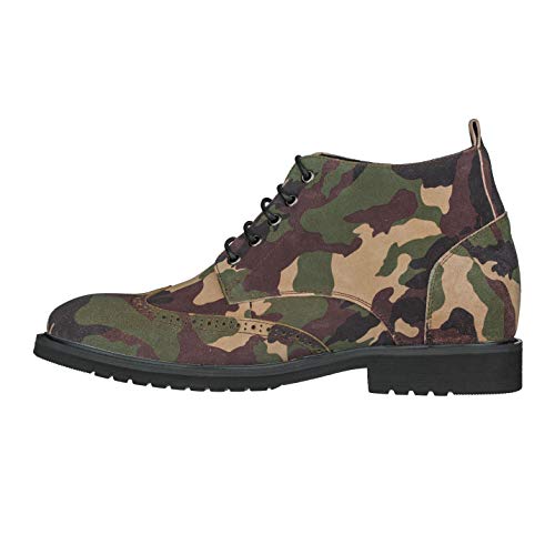 CALTO Men's Invisible Height Increasing Elevator Shoes - Camo Green Premium Leather Lace-up Lightweight Wing-tip Work Boots - 3 Inches Taller - S3651 - Size 8 D(M) US3