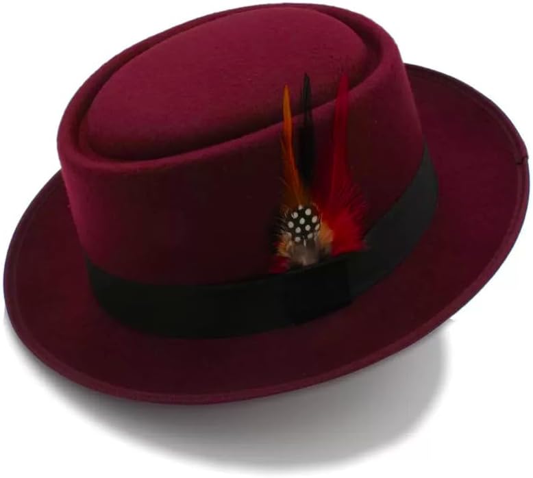 Cotilafi Classic Pork Pie Hat with Feathers Flat Top Fedora, Vintage Panama Hats, Warm Comfortable Jazz Cap