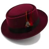Cotilafi Classic Pork Pie Hat with Feathers Flat Top Fedora, Vintage Panama Hats, Warm Comfortable Jazz Cap Dark Red