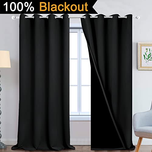 Image of Yakamok 100% Blackout Lined Panels, Room Darkening Thermal Insulated Blackout Curtains for Bedroom, Heat Blocking Drapes for Living Room(52Wx108L, Black, 2 Panels)