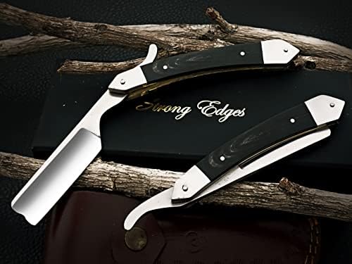 Strong Edges Hand Made D2 Steel Straight Razor Folding Razor With Shaving Ready Classic Barber Blade Edge, Men Straight Razor, Leather Case + Strop, Close Shave, Great Gift R-30