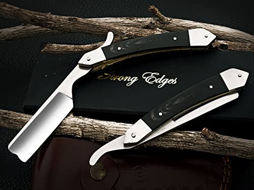 Strong Edges Hand Made D2 Steel Straight Razor Folding Razor With Shaving Ready Classic Barber Blade Edge, Men Straight Razor, Leather Case + Strop, Close Shave, Great Gift R-30 #TOP2