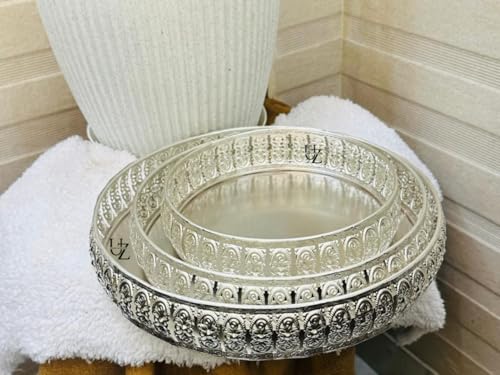 German Silver Serving Tray Set of 2 (8 Inch & 10 Inch) | Elegant Platter for Home Decoration, Pooja Articles, Diwali Gifts | Traditional Metal Serving Tray for Sweets & Dry Fruits