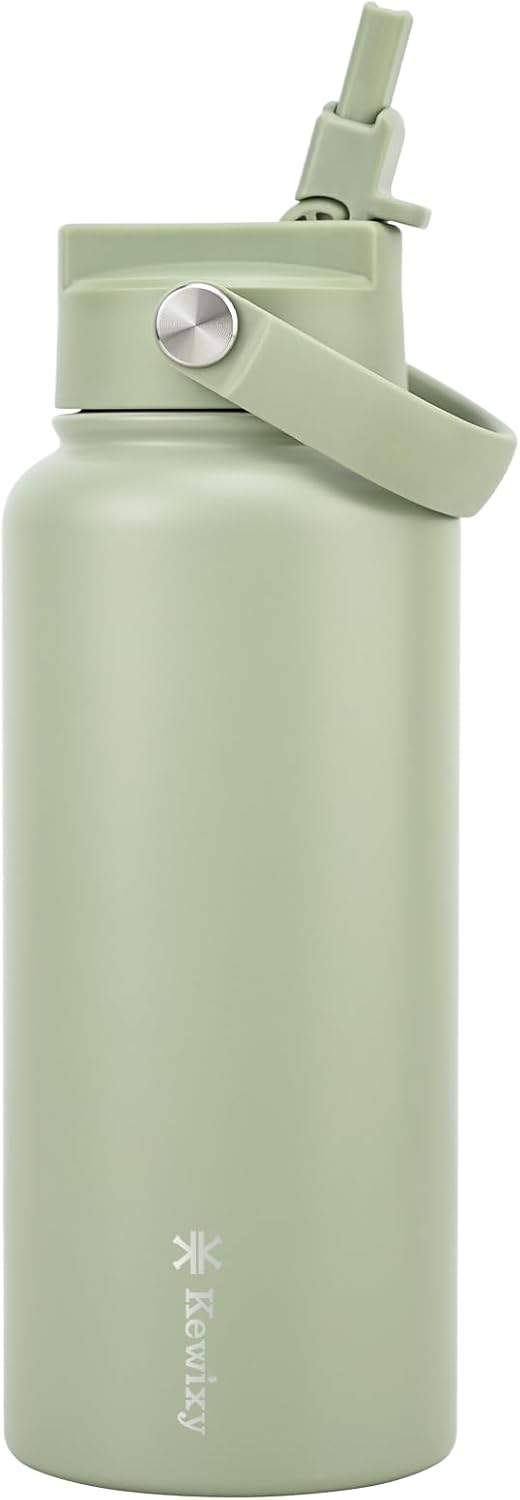 KEWIXY 32 oz Insulated Water Bottle with Straw, Easy Slide Lid, Leak Proof, Keep Cold 24H, Vacuum Insulated Tumbler, Metal Stainless Steel with Handle, Sage