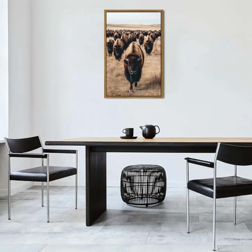 Image of Framed Bison Wall Art Western Buffalo Cow Pictures Wall Decor American Bison Herd Decor Rustic Wildlife Animals Canvas Prints Farmhouse Cabin Lodge Decor for Living Room Office Home Decoration 24x36