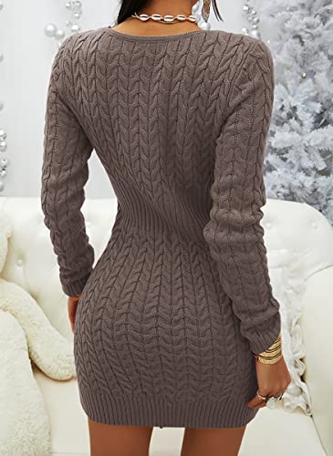 Image of Veatzaer Womens Zip V Neck Long Sleeve Cable Knit Mini Sexy Sweater Dressse | Casual,Slim Fit,Solid,2026 Fall Winter,Slim Fit,Long Sweater Dress,Half Zipper,Bodycon