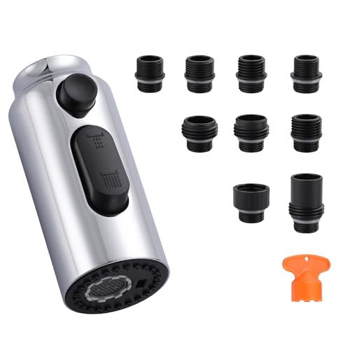 [New Upgrade] iVIGA Pull Down Faucet Sprayer Head Replacement, Stainless Steel Chrome 3 Function Pull Out Spray Nozzle with 9 Adapters for Moen Kohler Delta G1/2 Male Connector Faucet Chrome