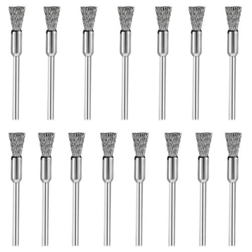 Image of Xindojuz 15 PCS Small Wire Brush, Stainless Steel Wire Brushes Extended Cleaning Rust End Brushes, 3 mm Mandrel Rust Paint Removal Bits Polishing Rotary Tool Accessories (8 mm End Scrub)