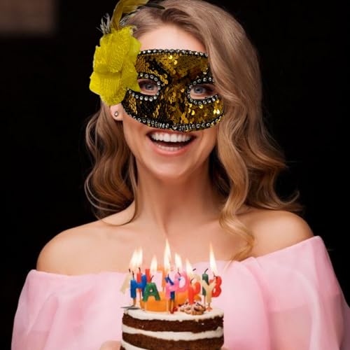Image of Wanna Party Golden Sequin Masquerade Mask with flower for Women for Masquerade Party, Venetian party,Stage Performances,Eye Mask for Halloween, Birthday, Adult Party,50 shades of Grey Party