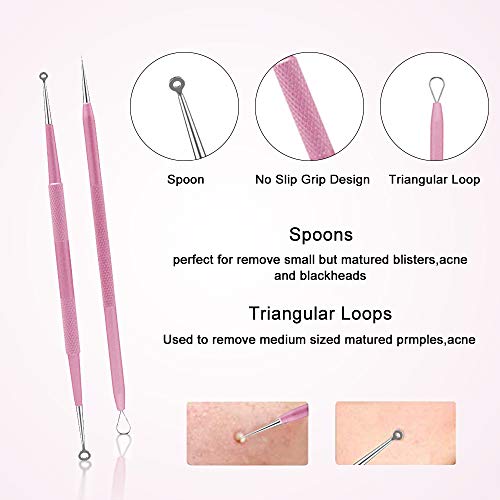 10PCS Blackhead Remover Tool, Aooeou Professional Pimple Popper Tool Kit - Treatment for Blemish, Whitehead Popping, Zit Removing for Risk Free Nose Face, Anti-slip Coating Handle(Pink)