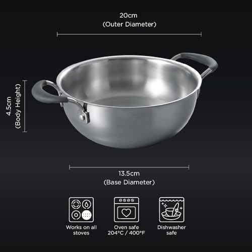 Image of Meyer Trivantage Pro Stainless Steel Triply Kadai | Deep Steel Kadhai with Lid | Stainless Steel Cookware with Induction Base | 20cm /2.3L