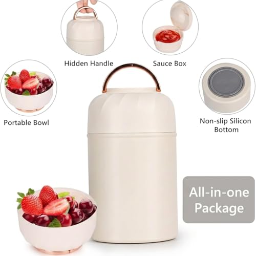Image of Insulated Lunch Box 500ml Stainless Steel | Thermal Food Flask & Food Jar with Folding Spoon | Leakproof Tiffin Box for Office, School, Travel | Hot & Cold Food Container (White With Golden Handle)