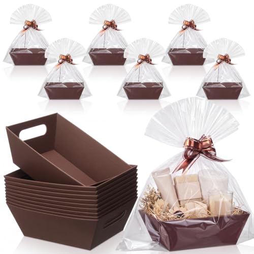 Image of Thenshop 44 Pcs Basket for Gifts Empty Gift Basket Bulk Include 12 Cardboard Tray 12 Plastic Bag and 20 Pull Bows for Christmas Fall Halloween Birthday Wedding Party DIY Wrapping (Brown,Solid)