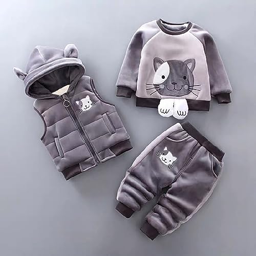 Newborn Boys And Girls' 3 Piece Flannel Set Cat Print Pullover Sweatshirt Hooded Zipper Vest Toddler Fall Outfits2