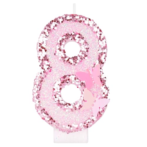 Alaoo Velas Cumpleaños Números 8,3D Mariposas Rosa Vela,Vela de Número 8 de Pastel Decoración,para Aniversarios,Baby Shower de Cumpleaños,Rosa