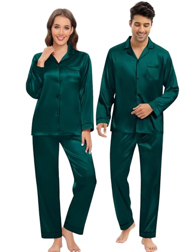 DIKFA Silk Satin Pajamas Set for Couple Matching PJS Women Men 2 Piece Button Down Loungewear Sleepwear Long Sleeve Pjs Set