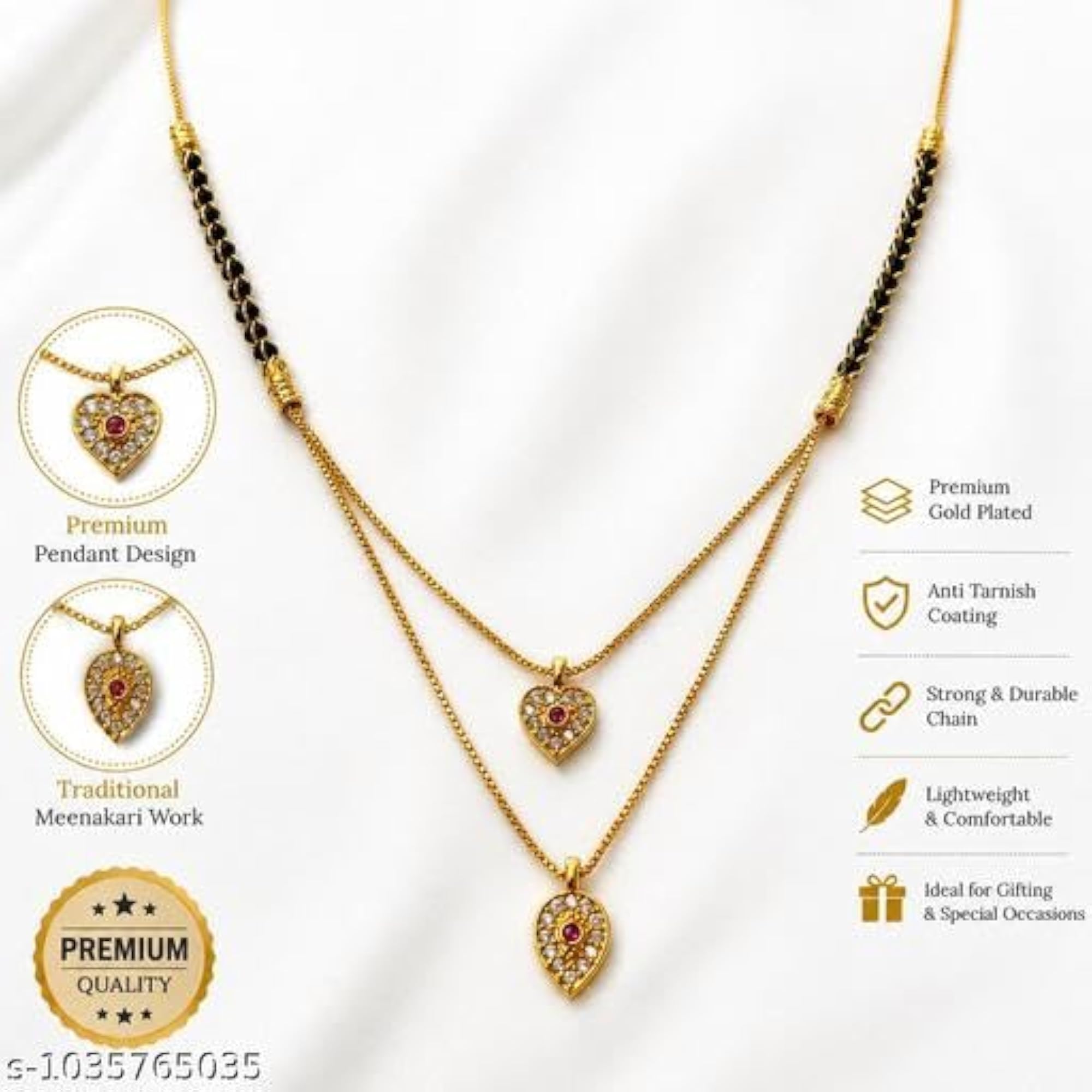 2 Layer AD Stone Mangalsutra with Gold Plated Short Black Bead Chain