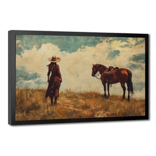 Peinture sur toile de cowgirl et cheval haute définition 40x61