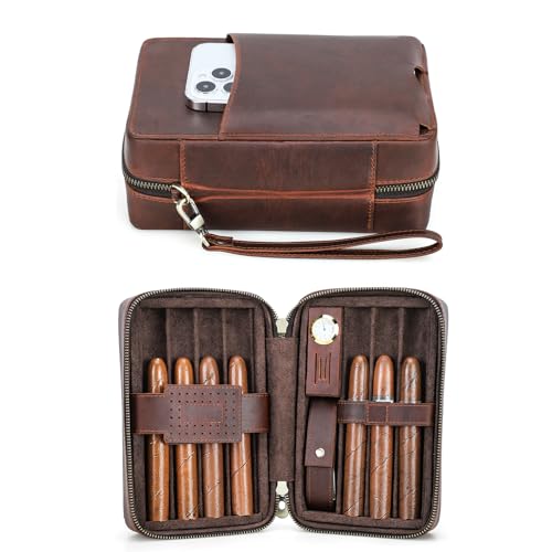 Hiram Cigar Case - Humidor de puros de piel auténtica, portátil, multifuncional, caja de viaje para tabaco, bolsa de almacenamiento para hombres, 5023-café, For 7 Cigars
