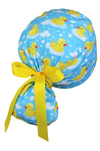 Image of Scrub Cap for Women and Men, Ponytail Scrub Caps, Working Hat, Head Cover with Ribbon Ties and Buttons, Long Hair
