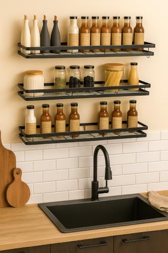 Image of Craftize Mstore Wall-Mounted Spice Rack Organizer Pack of 3 - Black Iron Kitchen Hanging Shelf with 5 S-Hooks for Utensils - Sizes 17 inch, 16 inch & 15 inch Inches (Three Different Sizes)