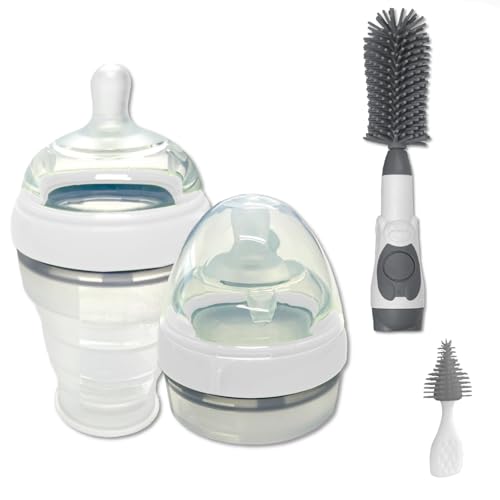2 Pack Collapsible Baby Bottle Set with Soap Dispensing Brush Kit, 6oz, Push Press Design for Efficient Easy Cleaning for Bottle, Breast Pump, Nipple
