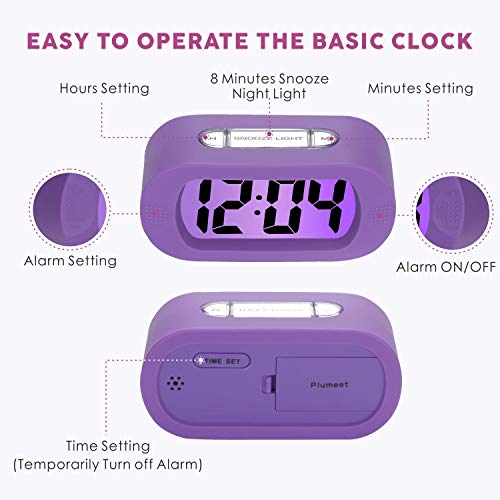 Plumeet Easy Setting Silicone Protective Cover Digital Silent Lcd Large Screen Desk Bedside Alarm Clock With Snooze Light Function Batteries Powered (Purple) #TOP5