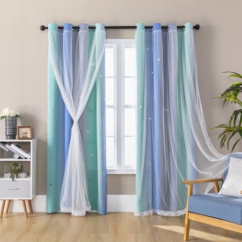 Image of XiDi Blue Green Grey 54 Inches Curtains for Girls Bedroom 2 Panels Set, Blackout Rainbow Curtains for Kids Room Decor, Unicorn Wall Decals Drapes for Little Girl Nursery Room 52 Inches Wide