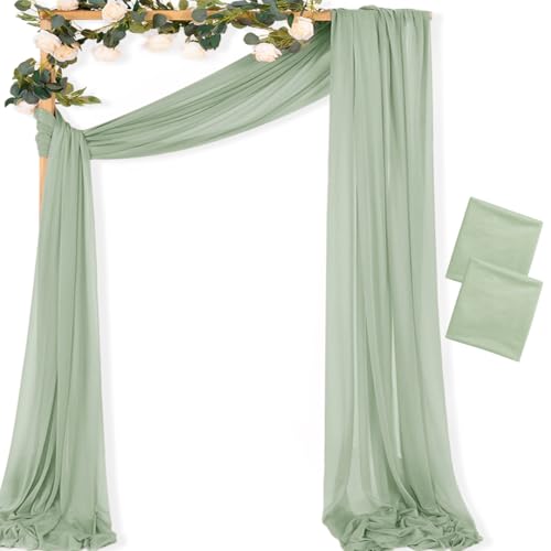 Image of MLMC Sage Green Wedding Arch Draping Fabric 2 Panels 29 inch x 20 FT Extra Long Gauze Drapes Sheer Backdrop Curtains 6.6 Yards Outdoor Drapery Panels for Wedding Ceremony Party Ceiling Decoration