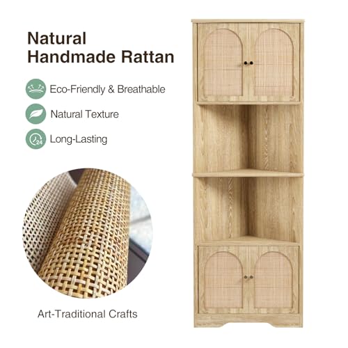 FiveWillowise 67\'\'H Tall Corner Cabinet with Handmade Rattan Door, Rattan Storage Cabinet with Adjustable Shelves, Corner Bookshelf Space Saver for Barthroom, Kitchen, Natural