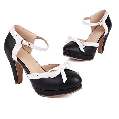 Women Block Kitten Heel Mary Jane Bow Tie Ankle Strap Round Closed Toe Wedding Party Dress Shoes2