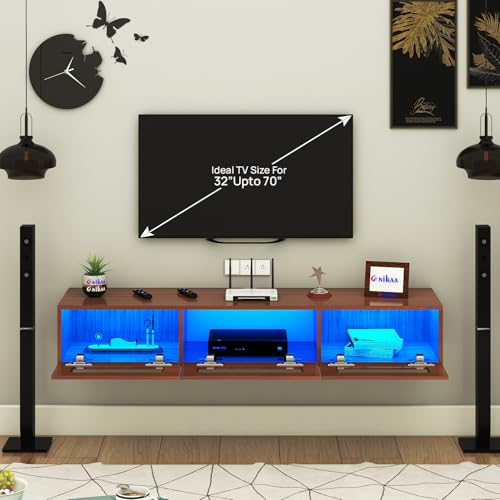 Image of Anikaa Rayza Wall Mount Modern Floating TV Unit for Living Room | 3 Closed Storage cabinets with hinged Door - 3 Blue LED Light | Ideal for UP to 65 Inch TV (Walnut Finish - DIY Installation)