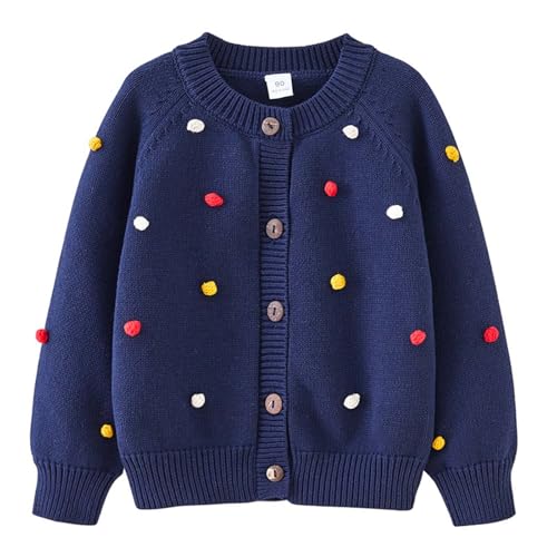 Cárdigan de punto acanalado para niñas de 2 a 8 años, suéter de punto acanalado de neón con lunares suizos, para otoño, elástico, uniforme escolar, chaqueta de algodón, ropa de invierno, A12 azul