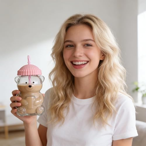 Image of New Glass Bear Straw Cup 600ML Cute Bear Glass Tumbler with Reusable Straw - Viral Animal Design for Smoothies, Boba & Iced Coffee (Pink)