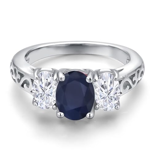 Gem Stone King 2.80 Cttw Blue Sapphire and White Moissanite 3-Stone Ring In 925 Sterling Silver | Oval 8X6MM and 6X4MM | 3 Stone Wedding Anniversary Promise Ring For Women | Available in Size 5-93
