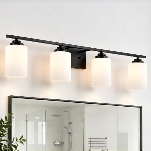 Edvivi Bathroom Light Fixtures, 4-Light Modern Matte Black Vanity Light Over Mirror, Wall Sconces with White Etched Glass Shades for Living Room, Bedroom, Hallway, E26 Base by Edvivi - Used condition - US$34.87
