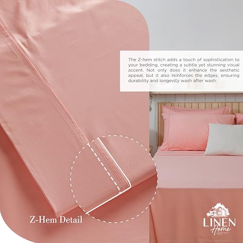 Image of Linen Home 100% Cotton Percale Sheets King Size, English Rose, Deep Pocket, 4 Pieces Set - 1 Flat, 1 Deep Pocket Fitted Sheet and 2 Pillowcases, Crisp Cool and Strong Bed Linen