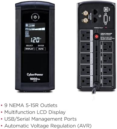 CyberPower CP1000AVRLCD Intelligent LCD UPS Battery Backup and Surge Protector, 1000VA/600W, 9 Outlets, AVR, Mini-Tower, UL Certified