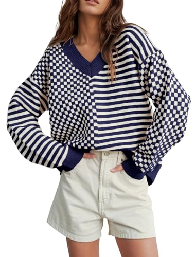 Image of UNCLECAT Womens Striped Checkered Sweater V Neck Fall Trendy Pullover Tops