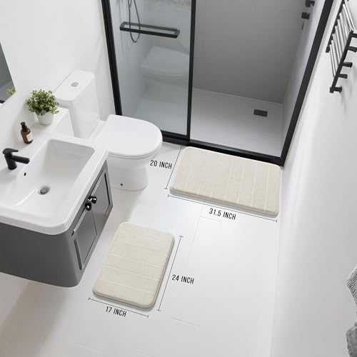Image of Yimobra 2 Pieces Memory Foam Bath Mat Sets, 17x24+44.1x24 Inches for Bathroom Rugs, Toilet Mats, Non-Slip, Soft Comfortable, Water Absorption, Machine Washable (Cream White, 17 inchx24 inch+31.5 inchx19.8 inch)