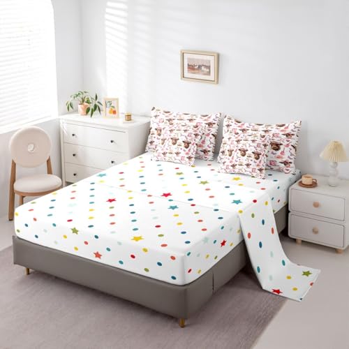 Image of Bow Highland Cow King Size Bedding Sets with Sheets,Comforter,Pillowcases,Pillow Covers 7 Pcs Cartoon Butterfly Heart Flowers Romantic Comforter Set Pink Cowboy Boots Southwestern Bedroom Dorm Bed Set