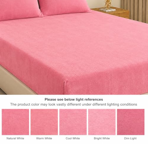 Image of Warm Flannel (Flano) King Size 345 TC Winter Fitted Bedsheet | All Side Elastic Premium Winter Soft Velvet Furnishing Bed Sheet with 2 Big Pillow Cover Size - 72 x 78 X 8 Inches Solid Pink